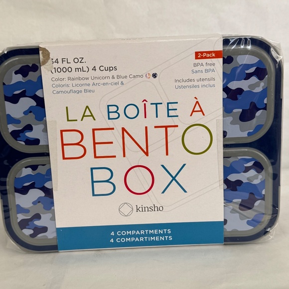Kinsho La Boite A Bento Box Set Of 2 Unicorn & Blue Camo Utensils Food Storage - Picture 2 of 11